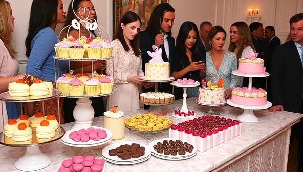 A whimsical dessert spread featuring an array of colorful confections, macarons, cakes, and chocolates displayed on a decorative table at a pop-up event, surrounded by delighted guests capturing the sweet moments, conveying a sense of indulgence and celebration.