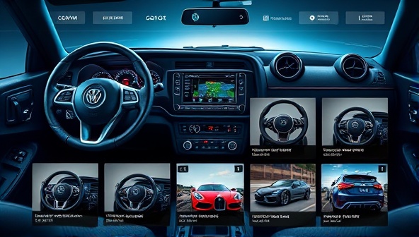 An artistic representation of a digital marketplace interface showcasing a variety of custom automotive accessories, from personalized steering wheels to bespoke exterior modifications, capturing the essence of individuality and style in car customization.