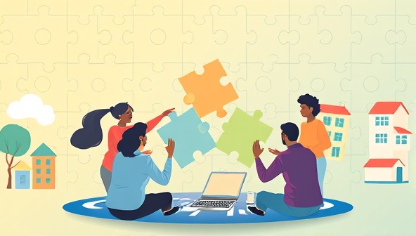 An imaginative illustration of diverse individuals collaborating virtually on a digital platform, each contributing puzzle pieces symbolizing their investment, with a backdrop of various real estate properties, showcasing unity and collective growth.
