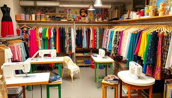 A vibrant studio space filled with colorful textiles, sewing machines, and upcycled fashion pieces on display, capturing the essence of creativity and sustainability at ReStyle Revive's sustainable fashion upcycling studio.