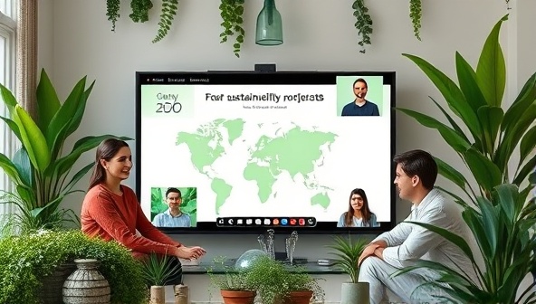 An eco-friendly investment club meeting setup with members discussing sustainability projects on a virtual platform, surrounded by green plants and natural elements, reflecting a commitment to environmental impact through investing.
