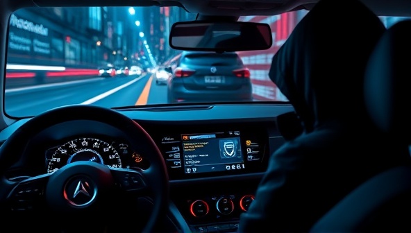 An artistic rendering of a futuristic car dashboard with digital alerts and notifications indicating a theft prevention system in action, with a hacker silhouette in the background symbolizing potential threats and the advanced security measures of SecureDrive AI.