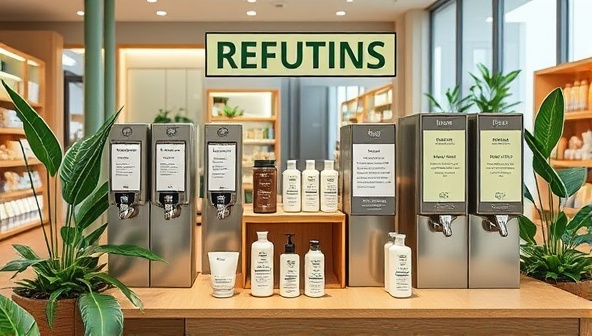 An artistic depiction of a beauty product refill station setup at a retail location, with sleek, eco-friendly packaging displayed next to refill dispensers, surrounded by green leafy accents and earthy tones, conveying a message of sustainability and eco-conscious beauty choices.