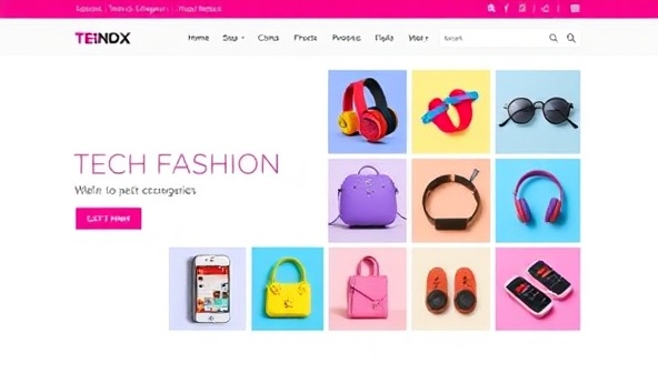 A sleek and modern website interface featuring a grid of vibrant tech-fashion accessories displayed against a minimalist background, conveying a blend of style and technology.