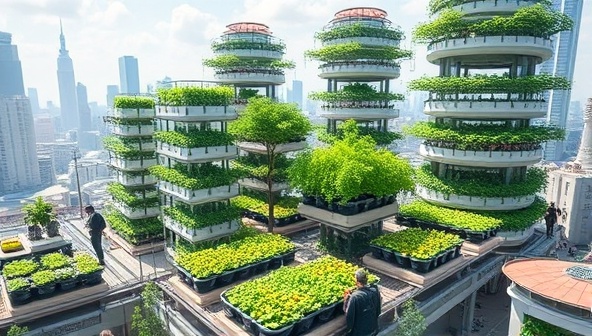 A futuristic urban landscape featuring a network of interconnected vertical farms with diverse crops growing in high-tech hydroponic setups, surrounded by a vibrant community of co-op members tending to the crops, symbolizing innovation, collaboration, and sustainability at SkyHarvest Co-op.