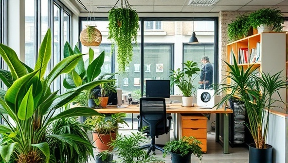 An eco-friendly office workspace adorned with plants, sustainable materials, and renewable energy gadgets, showcasing a harmonious blend of nature and technology in a green business environment.