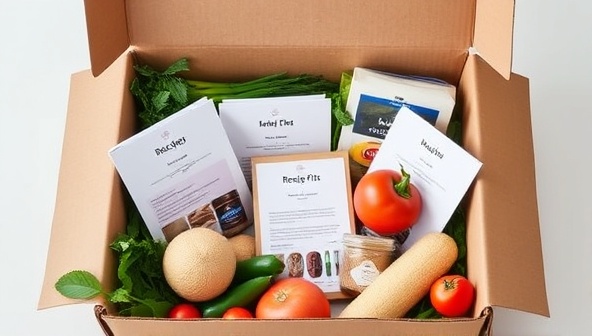 An elegant and neatly arranged meal kit box filled with fresh ingredients, recipe cards, and cooking tips, exuding a sense of culinary sophistication and convenience.