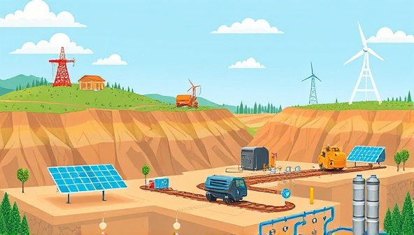 An illustration depicting a mining site with green technologies like solar panels and recycling systems integrated, emphasizing the concept of sustainable mining practices and environmental stewardship.