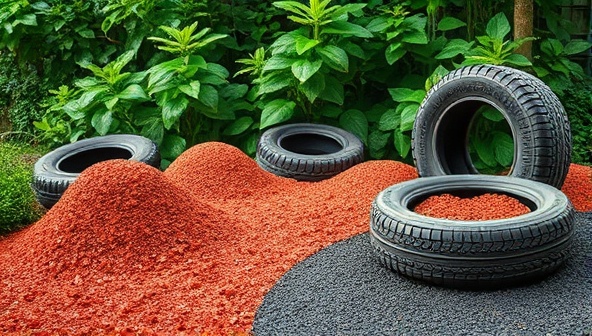 An artistic representation of recycled tire products such as rubber mulch and playground surfaces, showcasing the transformation of used tires into vibrant and sustainable materials for landscaping and recreational purposes.