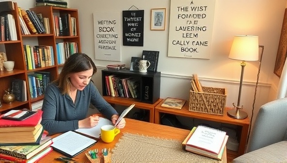 A cozy home office setup with a mentor and mentee engaged in a productive writing session, surrounded by books, writing tools, inspirational quotes, and a warm cup of tea, creating a supportive and nurturing environment for creative collaboration and mentorship with InkWell Mentor.