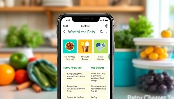 A smartphone screen displaying the WasteLess Eats app interface with colorful recipe suggestions, pantry organization tips, and a checklist for reducing food waste, surrounded by a kitchen counter with fresh produce and reusable containers, promoting a sustainable and mindful approach to cooking and meal planning.