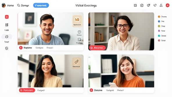 A dynamic digital interface showing users engaging in language exchange sessions through video calls, accompanied by interactive language exercises and progress trackers, creating a vibrant and educational virtual environment.