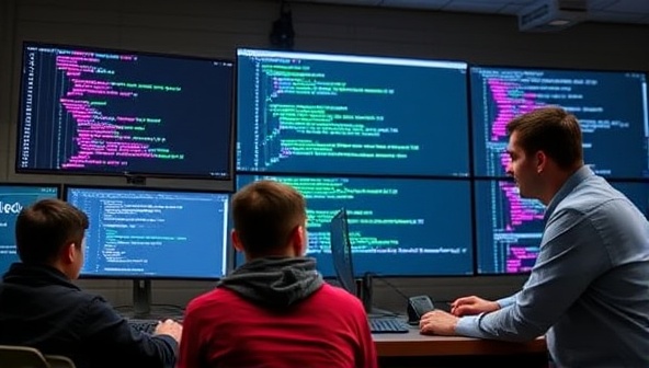 A dynamic coding environment with digital screens displaying lines of code, programmers collaborating virtually on a project, and a mentor offering guidance and support, illustrating a modern and collaborative approach to coding education.