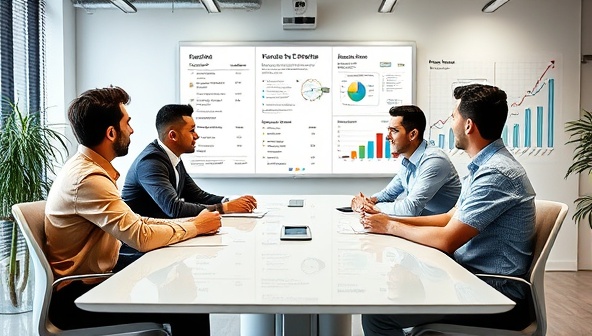 An innovative and modern office setup with a virtual CFO consulting with a group of young startup founders around a sleek conference table, whiteboard filled with financial projections in the background, symbolizing strategic partnership and growth planning.