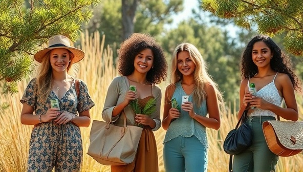 An artistic representation of sustainable influencers showcasing eco-friendly products in a natural setting, conveying the authenticity and environmental impact of sustainable influencer partnerships on the Ecofluence platform.