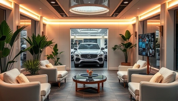 An elegant and inviting lounge area within the car spa, featuring plush seating, decorative plants, and soft ambient lighting, creating a serene and upscale ambiance for customers to relax in.