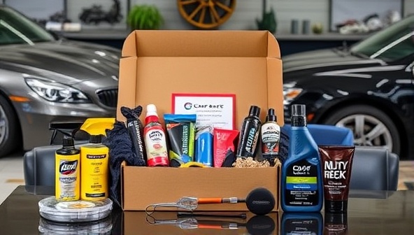 An aesthetically designed subscription box filled with premium car care products, tools, and lifestyle items, surrounded by a backdrop of shiny vehicles and automotive-themed decor, creating a visual representation of the Car Care Crate experience and excitement.