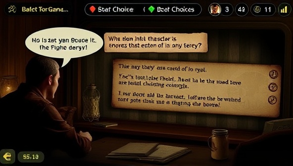 An interactive storytelling game scene featuring a player making a critical decision that impacts the storyline, with dialogue choices and character interactions displayed on-screen, creating a suspenseful and engaging narrative experience.