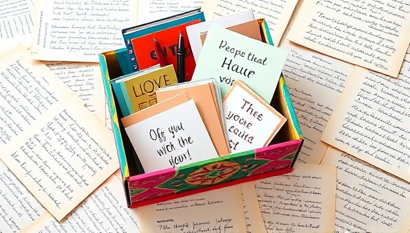 A colorful and artistic box filled with writing supplies like notebooks, pens, and inspirational cards, surrounded by scattered pages filled with handwritten words and sketches, evoking a sense of creativity and motivation.