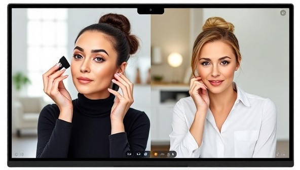 A split-screen image showing a client receiving a virtual makeup tutorial on one side and a skincare consultation on the other, highlighting the convenience and personalization of BeautyConnect