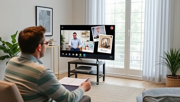 A virtual consultation setup with a consultant conducting a video call with a property owner, displaying energy-efficient tips and solutions on the screen, highlighting the convenience and effectiveness of remote consultations.
