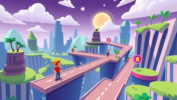 An engaging game interface where users navigate through a virtual design world, completing design challenges, earning rewards, and unlocking new levels, creating a visually stimulating and interactive learning experience in the realm of web design education.