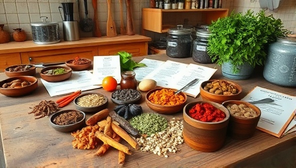 An inviting kitchen scene with a variety of exotic spices, colorful snacks, and recipe cards spread out on a rustic wooden table, with cooking utensils and fresh herbs in the background, evoking a sense of culinary adventure and exploration.