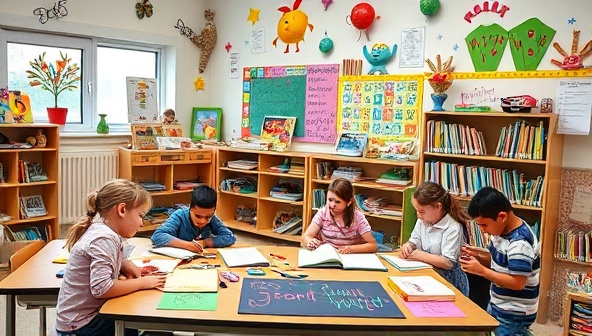 A colorful classroom setting with kids enthusiastically participating in storytelling activities, surrounded by books, writing supplies, and whimsical decorations, creating a vibrant and inspiring space for young writers.