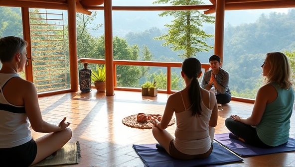 A serene wellness retreat setting with nature views, guests participating in wellness activities, individuals placing bets on mindfulness practices, a wellness coach guiding sessions, creating a tranquil and rejuvenating atmosphere within the wellness betting retreat.