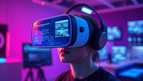 A virtual reality headset displaying a futuristic web design studio environment with holographic website prototypes, interactive design tools, and a designer immersed in the VR world, highlighting the cutting-edge and immersive nature of the studio's services.