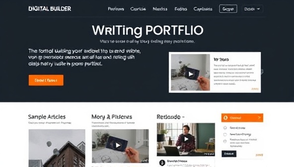 A sleek and modern digital writing portfolio layout displaying sample articles, testimonials, and multimedia elements like videos and infographics, highlighting the versatility and professionalism of the portfolio builder platform.