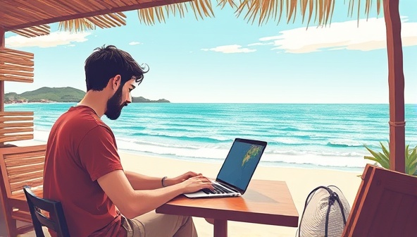An illustrative representation of a digital nomad working on a laptop at a picturesque beachside co-working space with a panoramic ocean view, showcasing the seamless integration of work and travel facilitated by the Nomad Navigators service, combining productivity and relaxation in a stunning setting.