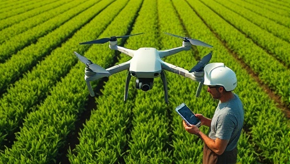 A high-tech agricultural landscape featuring a drone hovering over lush green fields, capturing detailed aerial images while a farmer analyzes data on a tablet, highlighting the efficiency and precision of agricultural drone services.