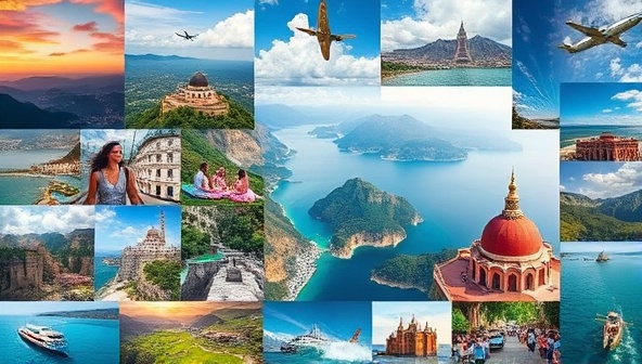 A visually captivating collage of stunning travel destinations and exclusive experiences, showcasing the essence of bespoke travel planning and wanderlust adventures in a vibrant and diverse world.