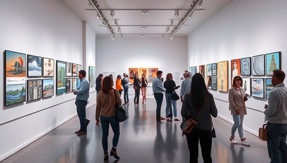 A digital art gallery scene showcasing a virtual exhibition of contemporary artworks displayed on interactive screens, with virtual visitors exploring the gallery space, interacting with artworks, and engaging in discussions with artists, creating a vibrant and immersive art world.