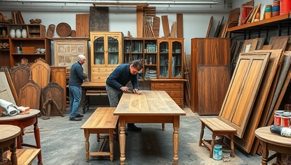 A workshop scene with craftsmen restoring and upcycling wooden furniture pieces, surrounded by tools, paints, and reclaimed materials, showcasing the transformation process from old to new in a sustainable and creative manner.