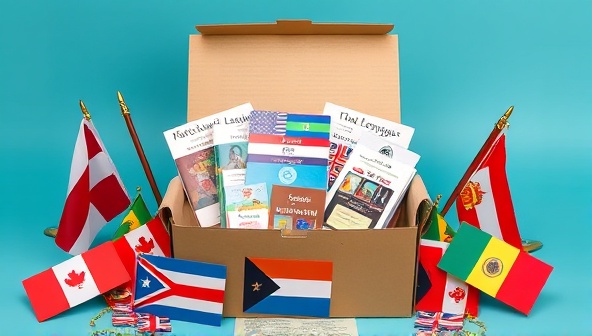 An aesthetically pleasing box filled with language books, flashcards, and cultural items, surrounded by flags of different countries, symbolizing the diverse and immersive language learning experience provided by the subscription service.