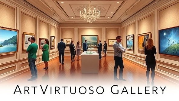 An elegant virtual art gallery setting with digital artworks displayed on interactive screens, virtual attendees mingling and engaging with the art pieces, capturing the essence of the ArtVirtuoso Gallery experience.