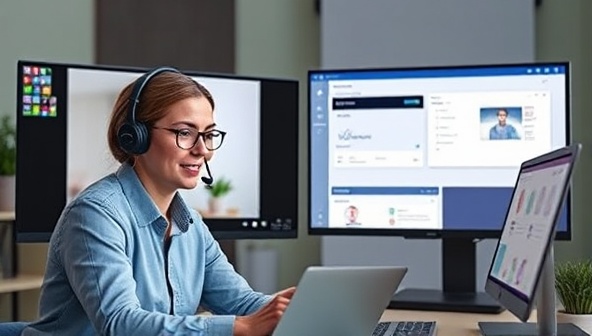 A virtual tech support session depicted by a tech expert assisting a wellness professional via video call, with digital wellness tools and software interfaces displayed on screens in the background, illustrating a seamless and efficient tech support experience tailored to the health and wellness industry's specific needs.