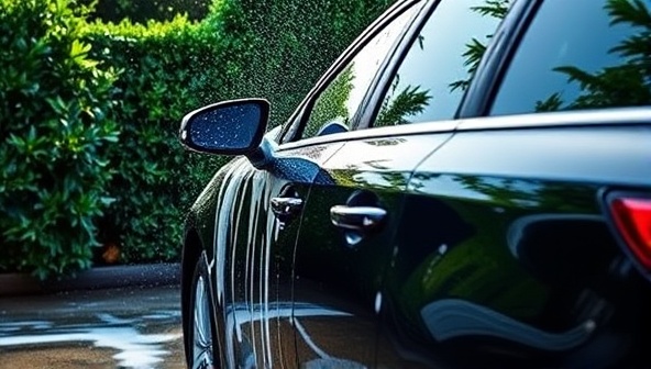 A serene scene of a car being gently washed with eco-friendly products, surrounded by lush greenery and a faint scent of essential oils in the air, evoking a sense of tranquility and care.