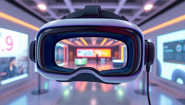 A futuristic VR headset displaying a branded virtual environment with interactive elements and engaging visuals, highlighting the immersive and captivating nature of VR BrandSphere's virtual reality brand experiences.