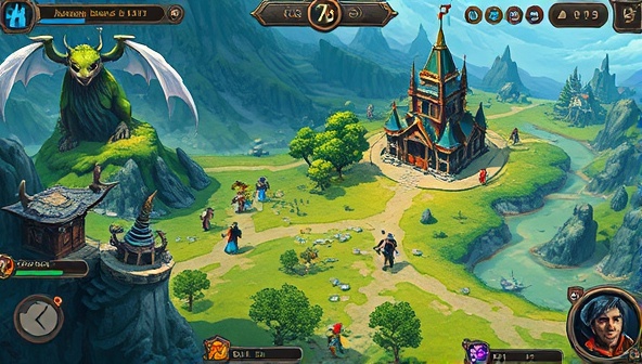 An online adventure quest game interface displaying a fantastical realm with diverse landscapes, mythical creatures, and heroic characters on epic quests, with intricate details and vibrant visuals that immerse players in a captivating and dynamic gaming world full of adventure and challenges.