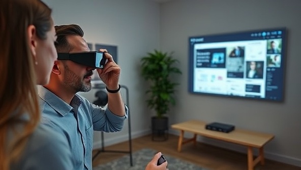 An engaging AR consultation session showcasing a client using AR glasses to view and interact with a virtual representation of their website design projected in the room, illustrating the immersive and interactive nature of ARWeb Consult's services.