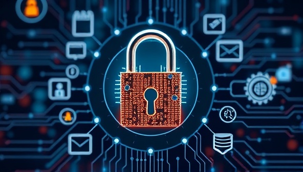 A digital padlock symbolizing data security and privacy, surrounded by intricate data protection icons and a shield, representing robust protection and trust in maintaining confidential information, illustrating security and compliance in data handling.