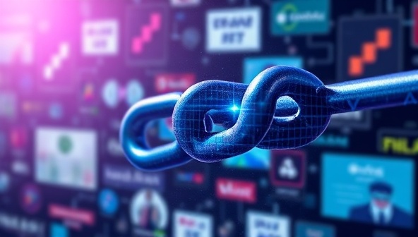 An image representing a digital chain link symbolizing security and transparency, intertwined with ad banners and digital ad elements, illustrating the protection and trust provided by AdChainGuard's blockchain-based ad verification platform in the digital advertising landscape.