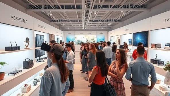 An immersive VR experience showcasing a virtual showroom filled with high-end products, interactive features, and a diverse audience engaging with the products, illustrating the futuristic and interactive nature of VR product demonstrations.
