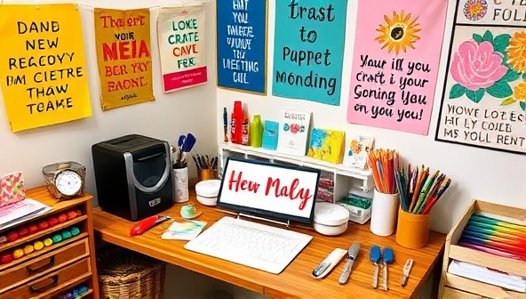 A cozy and colorful crafting corner setup featuring a desk with various craft supplies, tools, and a beautifully arranged DIY craft project in progress, surrounded by inspirational quotes and colorful artwork, creating a warm and inviting crafting environment for creative minds.