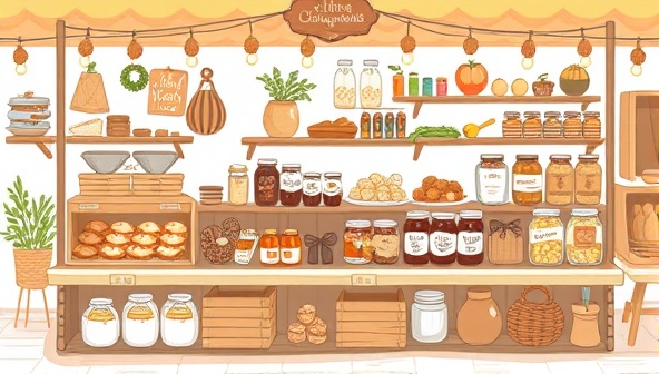 A charming digital illustration featuring an array of homemade goods displayed on a virtual marketplace platform, including baked treats, preserves, and artisanal products, creating a warm and inviting atmosphere for food enthusiasts and buyers.