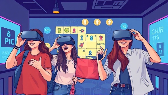 An illustration of a group of friends wearing virtual reality headsets, each interacting with a different puzzle element in a futuristic digital escape room setting, showcasing teamwork and excitement.