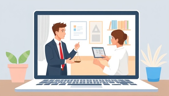 An illustration of a virtual legal consultation taking place on a laptop screen, with a lawyer and a client engaged in a discussion, emphasizing the convenience and accessibility of online legal services.